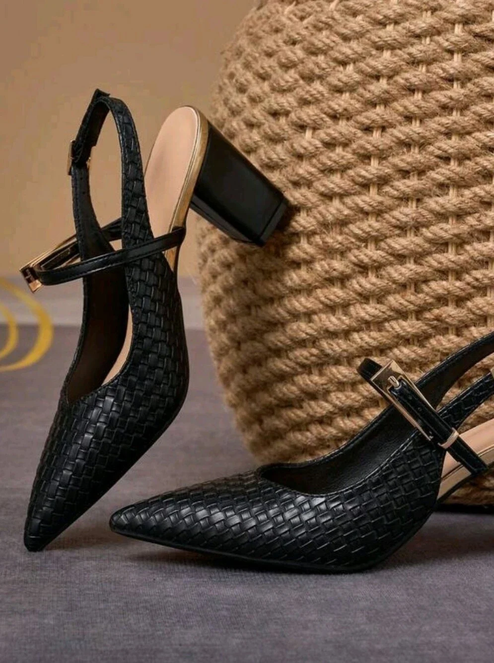 Black Woven Texture Chunky Heel Pointed Toe High Heels, Women's Shoes With